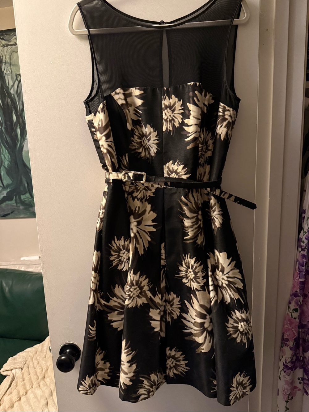 Eliza J Black Dress with Cream Floral Print and Mesh Yoke